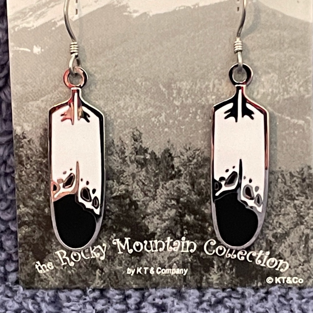 Silver With Enameled Bear Paw Print Feather Earrings